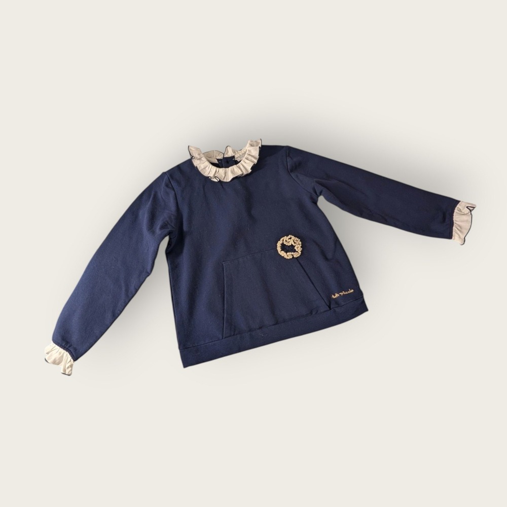 Tutto Piccolo Kids Navy Blue Ruffle Collar Sweatshirt Size 8 Crochet Flower